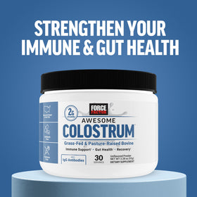 Force Factor Awesome Colostrum Powder with a measuring spoon