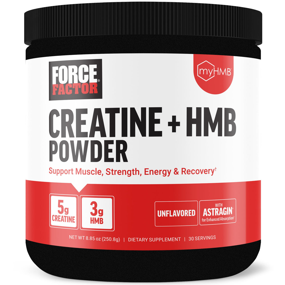 Force Factor Creatine HMB Powder front view with packaging