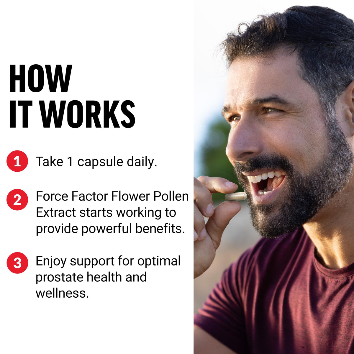 Force Factor Flower Pollen Prostate Support Supplement bottle with a measuring spoon