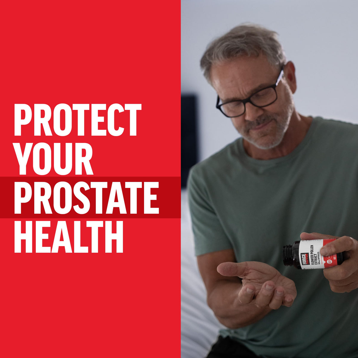 Force Factor Flower Pollen Prostate Support Supplement on a wooden table