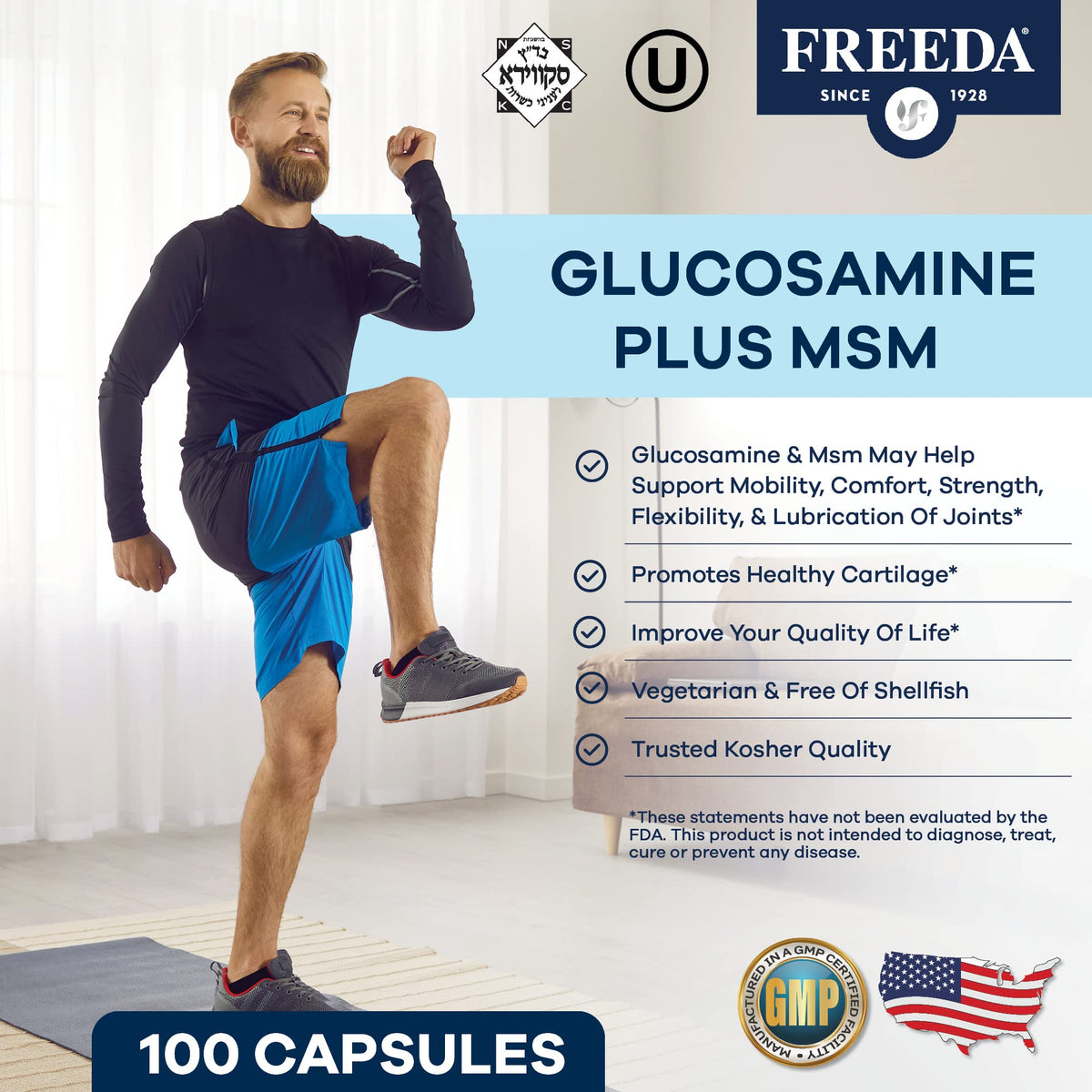 FREEDA Glucosamine 1500mg + MSM 750mg bottle with label details