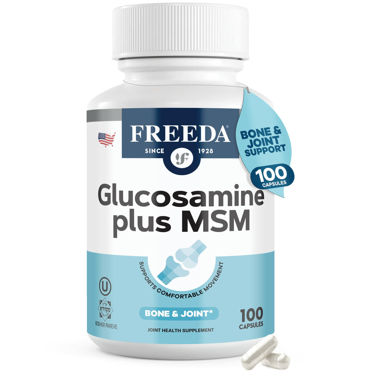 FREEDA Glucosamine 1500mg + MSM 750mg capsules front view