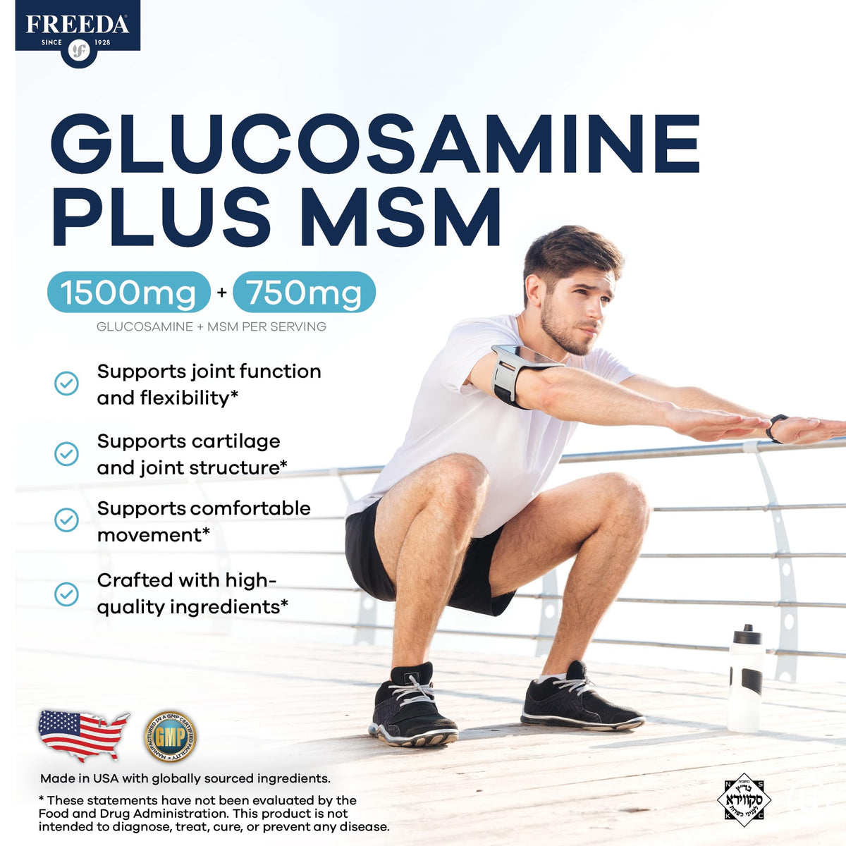FREEDA Glucosamine 1500mg + MSM 750mg side view of bottle
