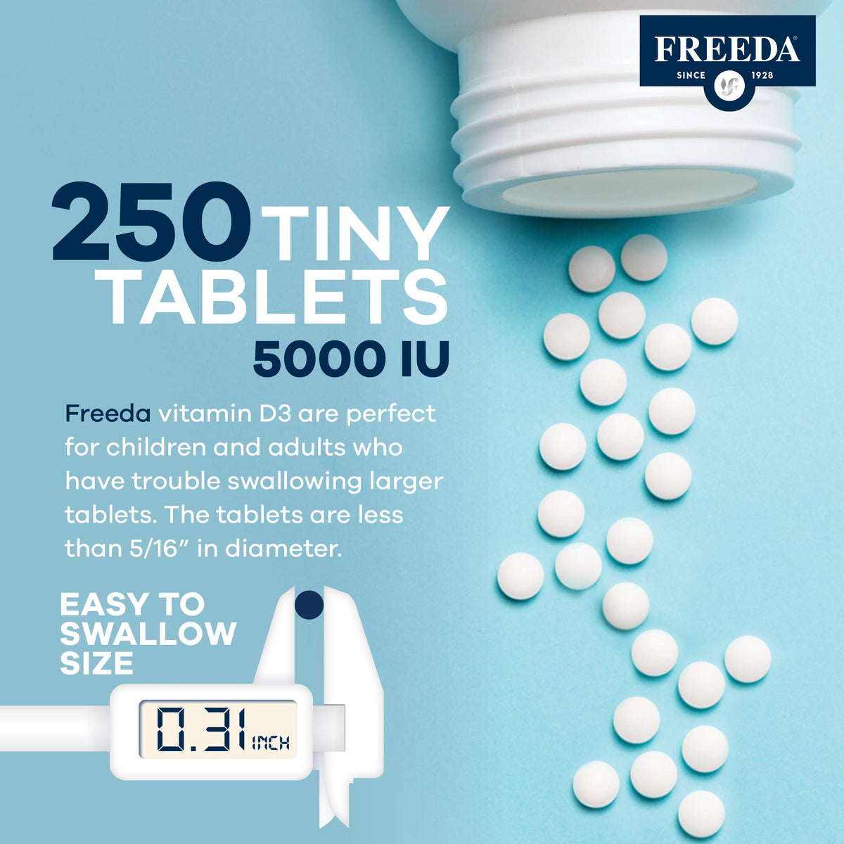 FREEDA Vitamin D3-5000 IU supplement tablets in hand