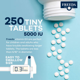 FREEDA Vitamin D3-5000 IU supplement tablets in hand