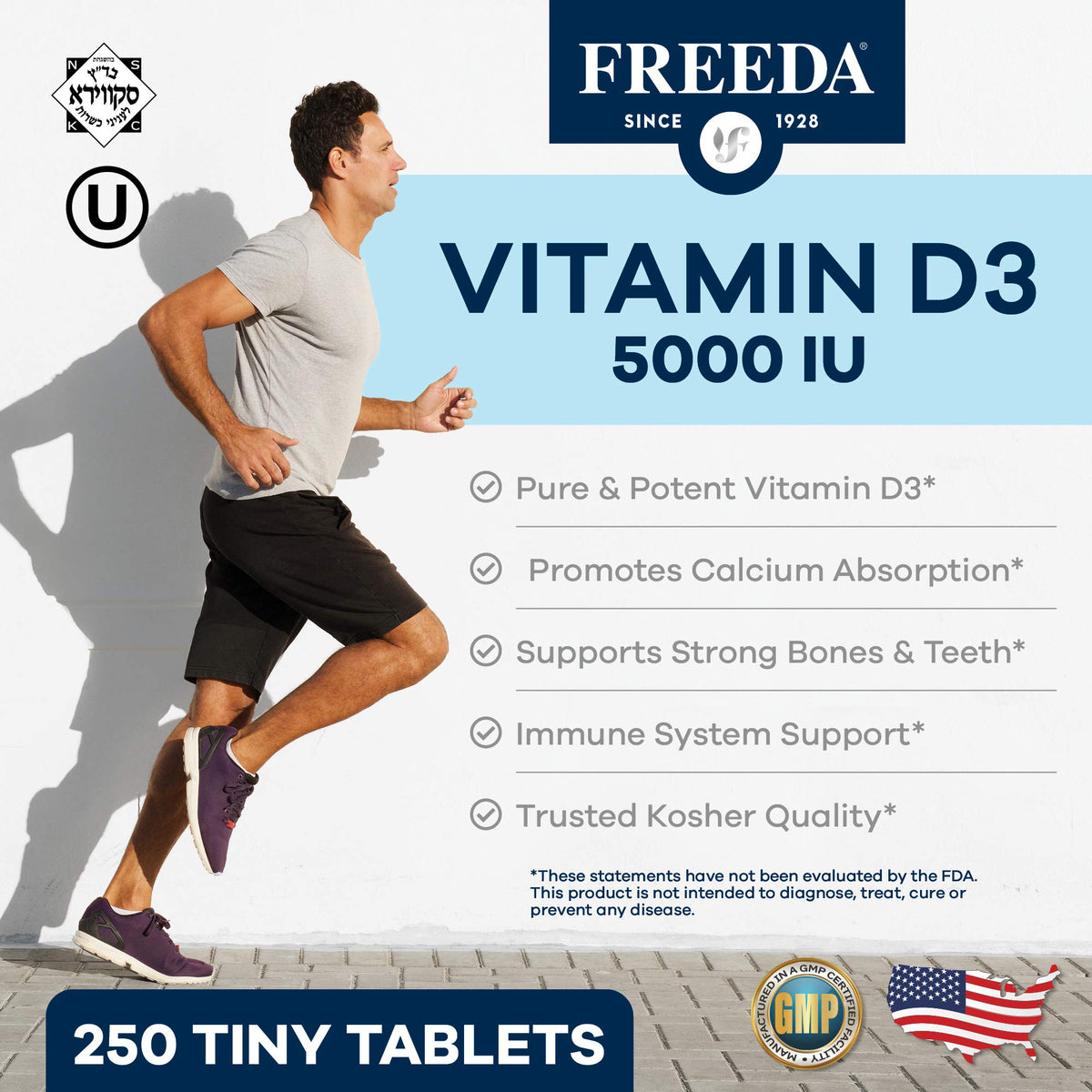 FREEDA Vitamin D3-5000 IU supplement tablets on a table