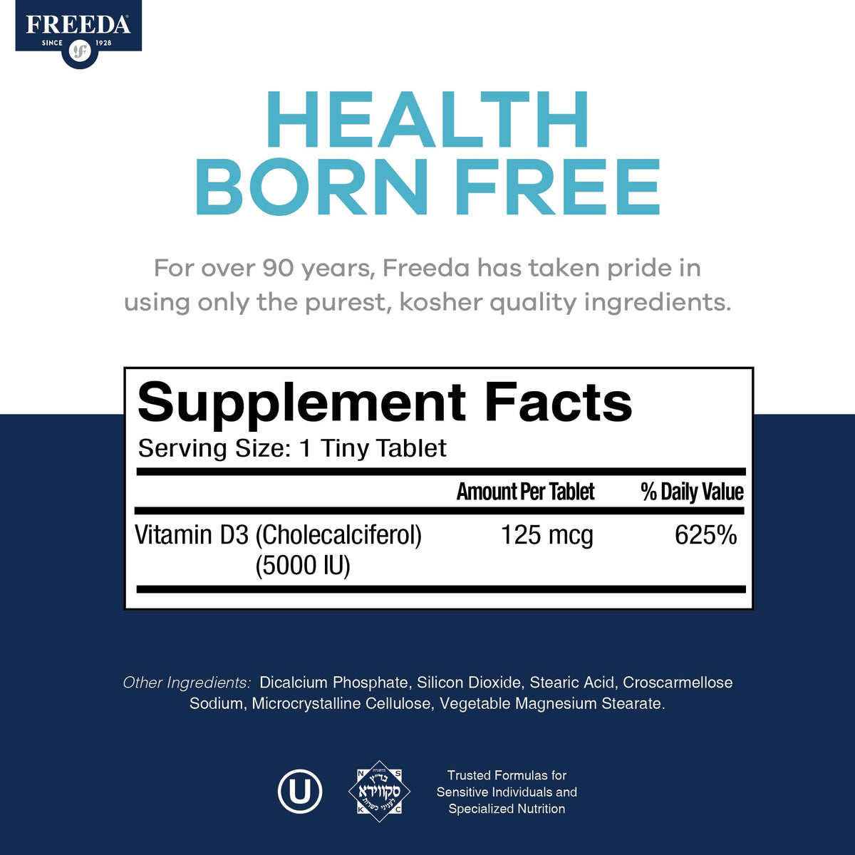 FREEDA Vitamin D3-5000 IU supplement tablets packaging