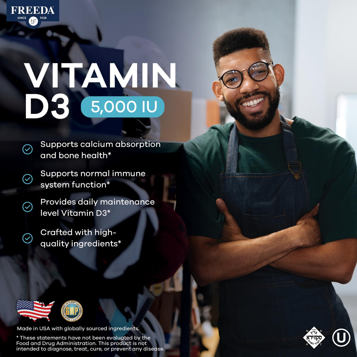 FREEDA Vitamin D3-5000 IU supplement tablets side view