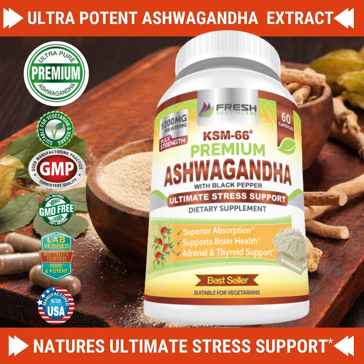 FRESH HEALTHCARE Ashwagandha Capsules KSM-66 1200mg bottle side view