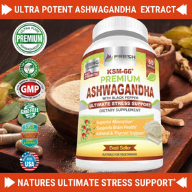 FRESH HEALTHCARE Ashwagandha Capsules KSM-66 1200mg bottle side view