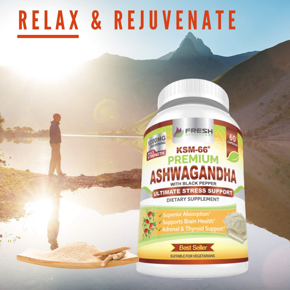 FRESH HEALTHCARE Ashwagandha Capsules KSM-66 1200mg bottle top view