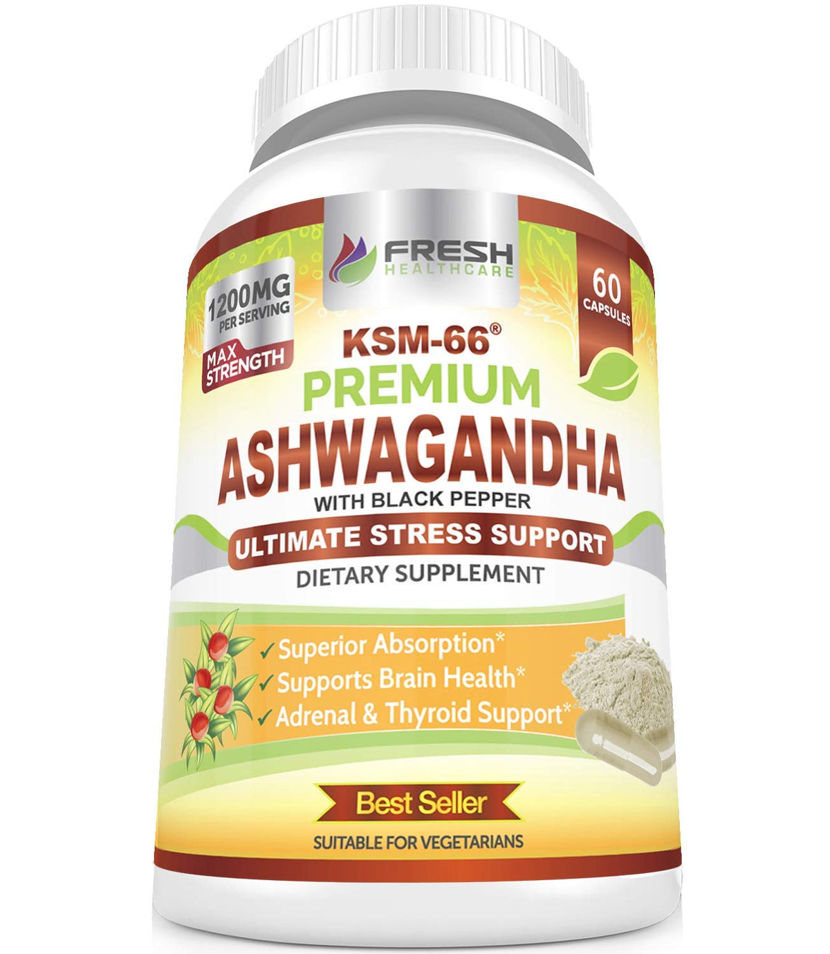 FRESH HEALTHCARE Ashwagandha Capsules KSM-66 1200mg with black pepper
