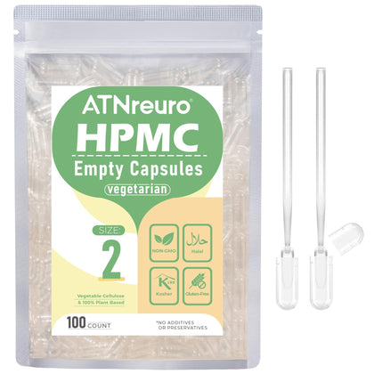 Front view of ATNreuro empty vegan capsules with micro spoons