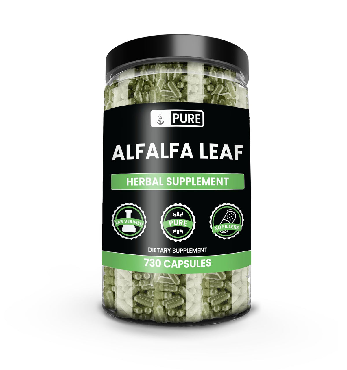 Front view of PURE ORIGINAL INGREDIENTS Alfalfa Leaf Capsules bottle
