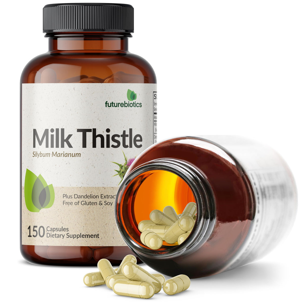 Futurebiotics Milk Thistle + Dandelion Extract capsules on a table