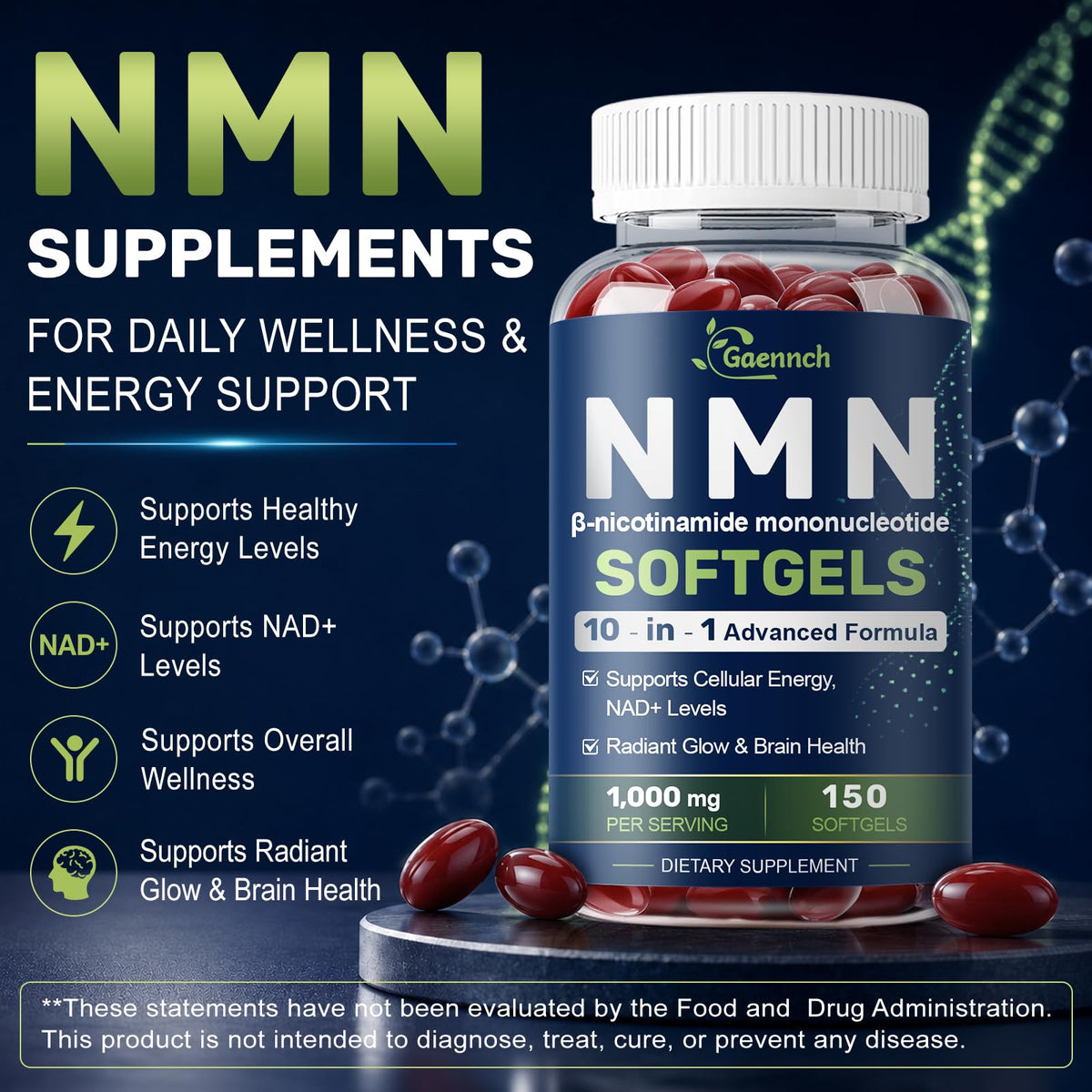 Gaennch NMN Supplement Complex 1000mg softgels bottle with label