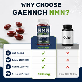 Gaennch NMN Supplement Complex 1000mg softgels on a wooden table