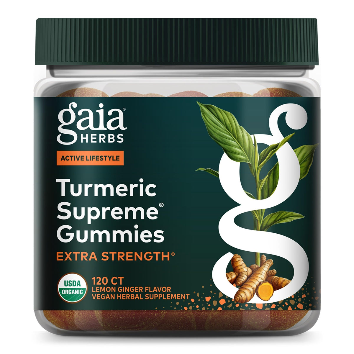 Gaia Herbs Turmeric Gummies Extra Strength front view with packaging