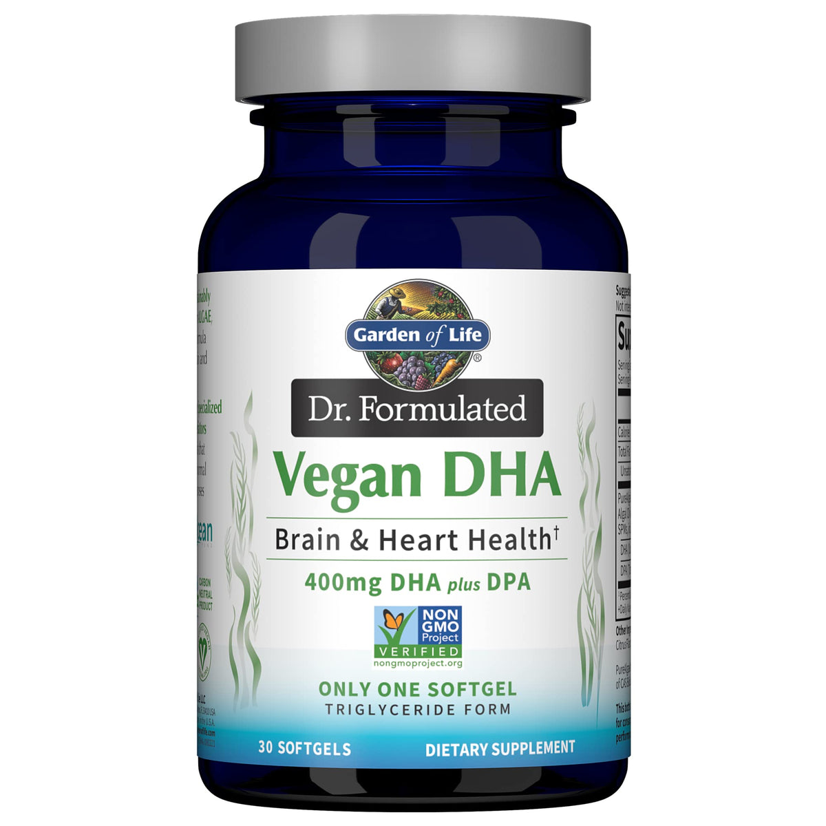 Garden of Life Vegan DHA Omega-3 Supplements 30 softgels front view