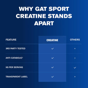 GAT SPORT Creatine Monohydrate 5.3 oz on a fitness bench