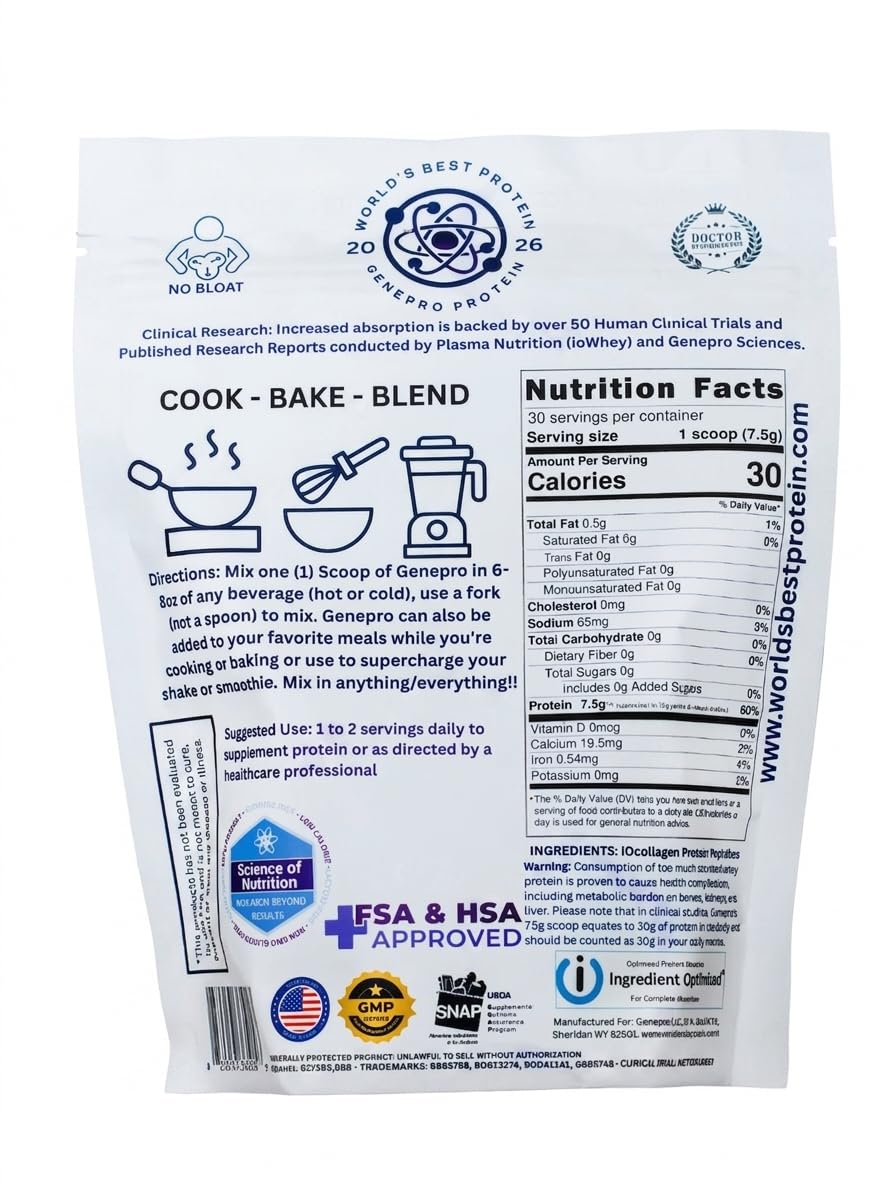 GENEPRO GEN. 3 Unflavored Collagen Peptides back view with nutritional information