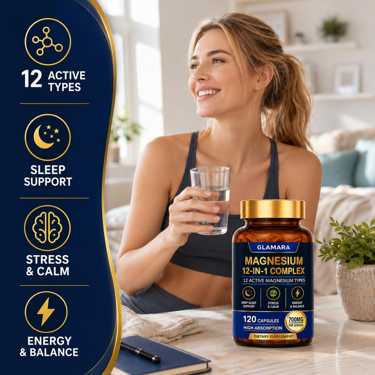 GLAMARA Magnesium 12-in-1 Complex Supplement on a wooden table