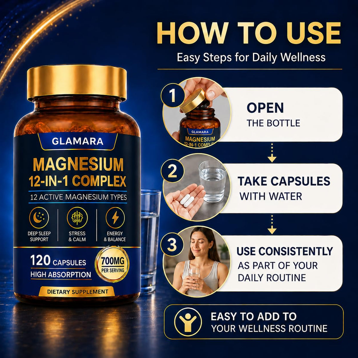 GLAMARA Magnesium 12-in-1 Complex Supplement with a glass of water