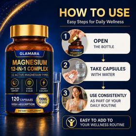 GLAMARA Magnesium 12-in-1 Complex Supplement with a glass of water