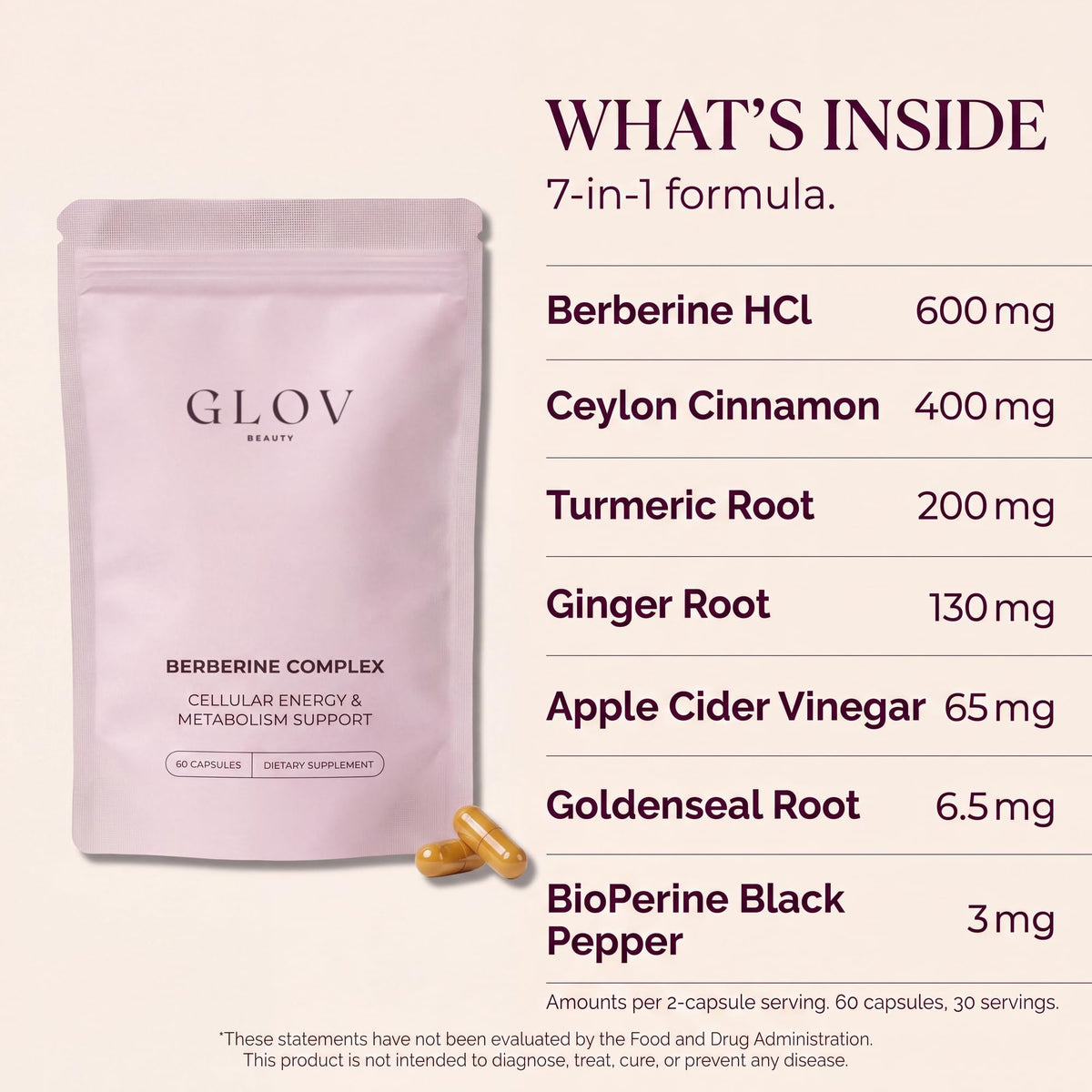 Glov Beauty Berberine Complex Capsules on a wooden table