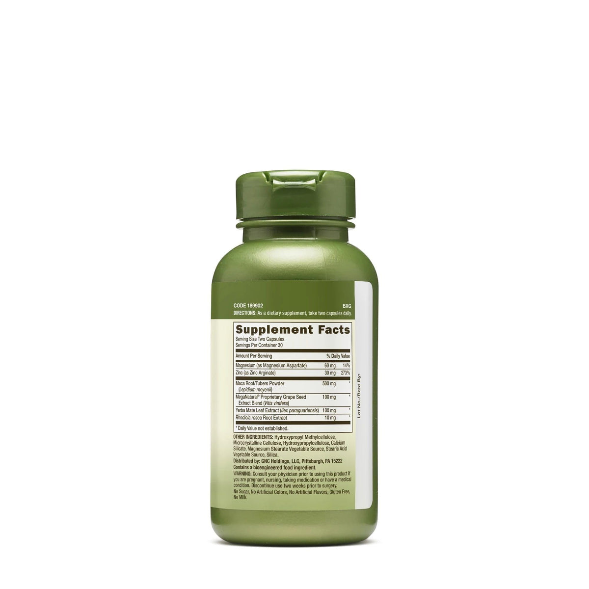 GNC Herbal Plus Maca Complex side view showing supplement facts