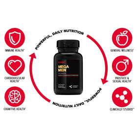 GNC Mega Men Multivitamin Caplets arranged on a table