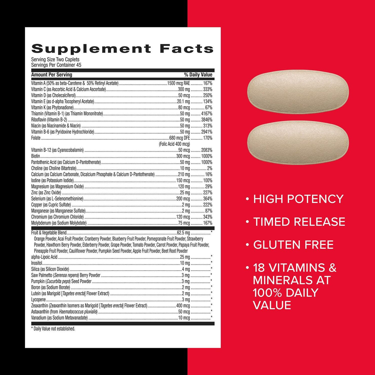 GNC Mega Men Multivitamin Caplets with nutrition facts