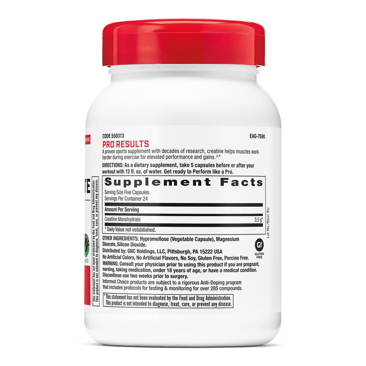 GNC Pro Performance Creatine Monohydrate capsule bottle side view