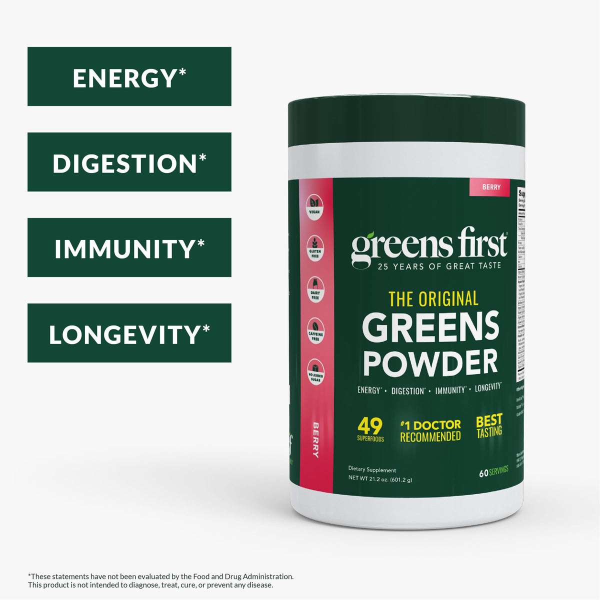Greens First Original Greens Powder Berry flavour side view