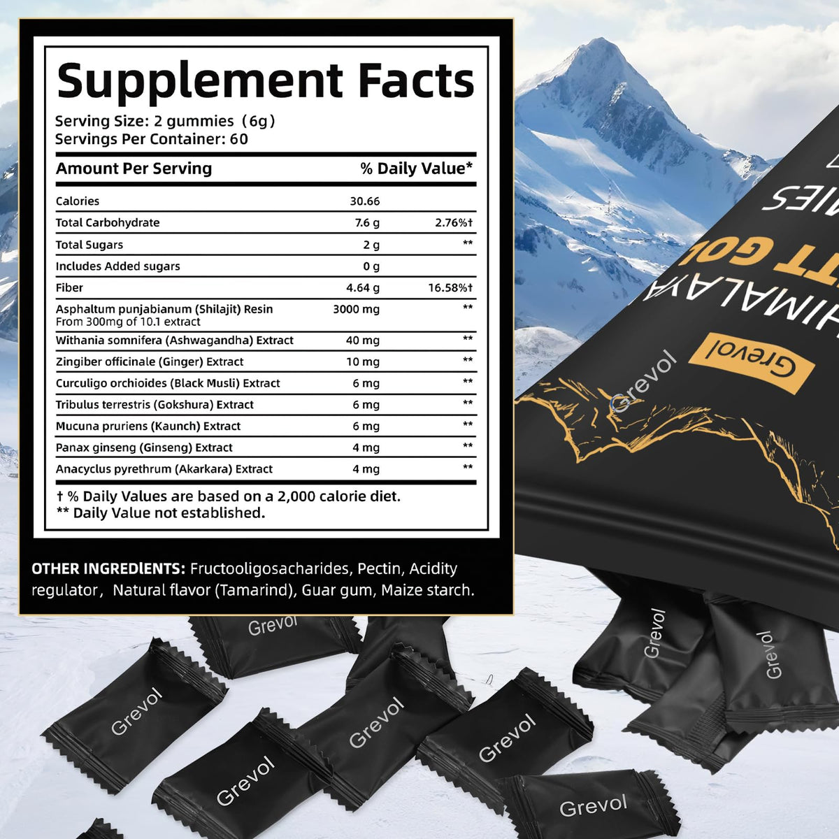 Grevol Himalayan Shilajit Gummies nutritional information on back of packaging