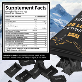 Grevol Himalayan Shilajit Gummies nutritional information on back of packaging