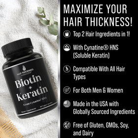 Hair Thickness Maximizer Keratin Cynatine HNS + Biotin capsules on a wooden table