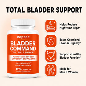 Happee Bladder Control Supplement capsules on a white background