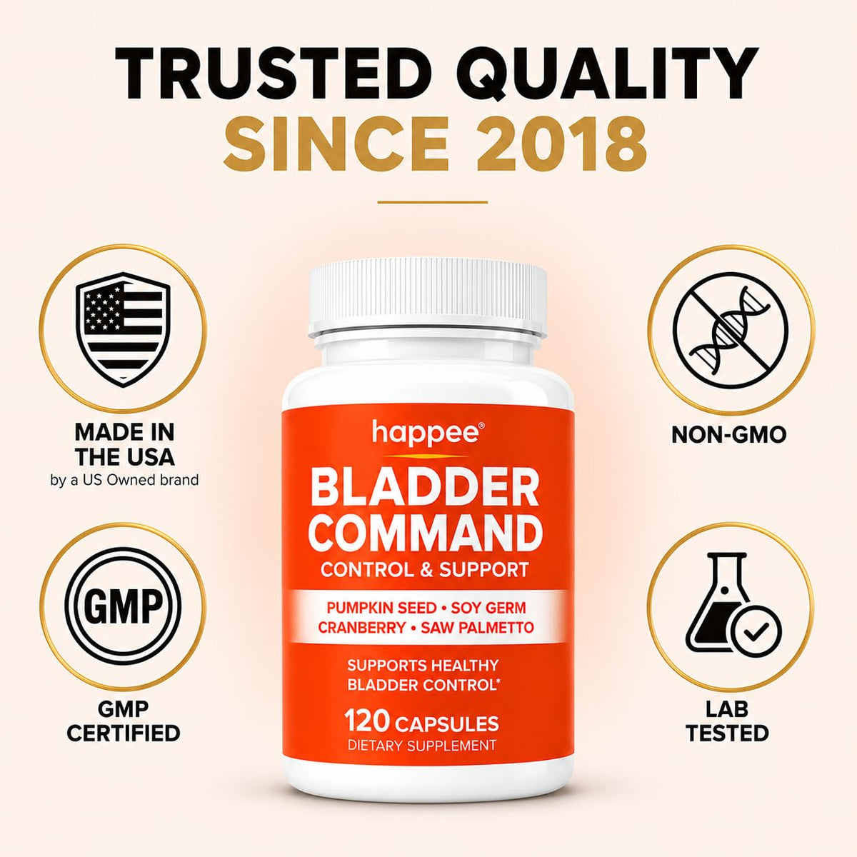 Happee Bladder Control Supplement ingredients list on packaging