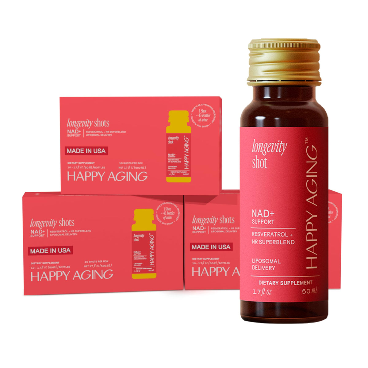Happy Aging Liquid NAD+ Resveratrol Supplement front view with packaging