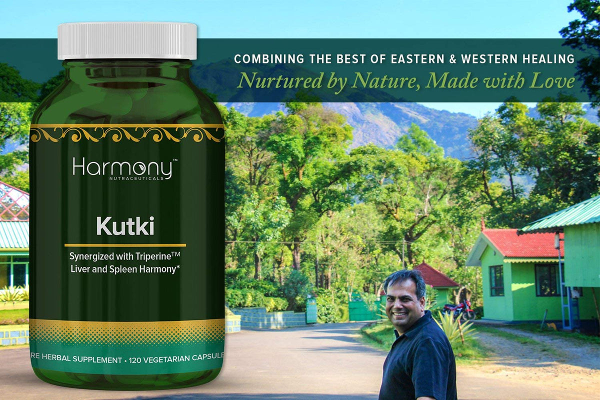 Harmony Nutraceuticals Kutki Ayurvedic Capsules bottle with a measuring spoon