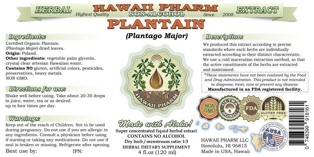 Hawaii Pharm Plantain Alcohol-Free Liquid Extract 2 fl. oz bottle side view