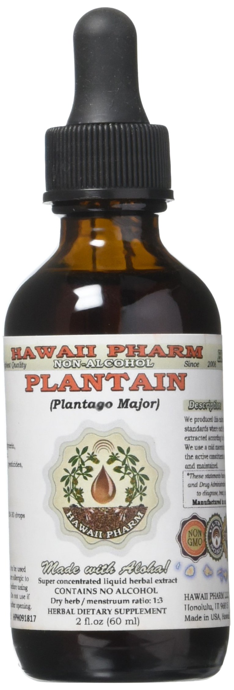 Hawaii Pharm Plantain Alcohol-Free Liquid Extract 2 fl. oz with dropper