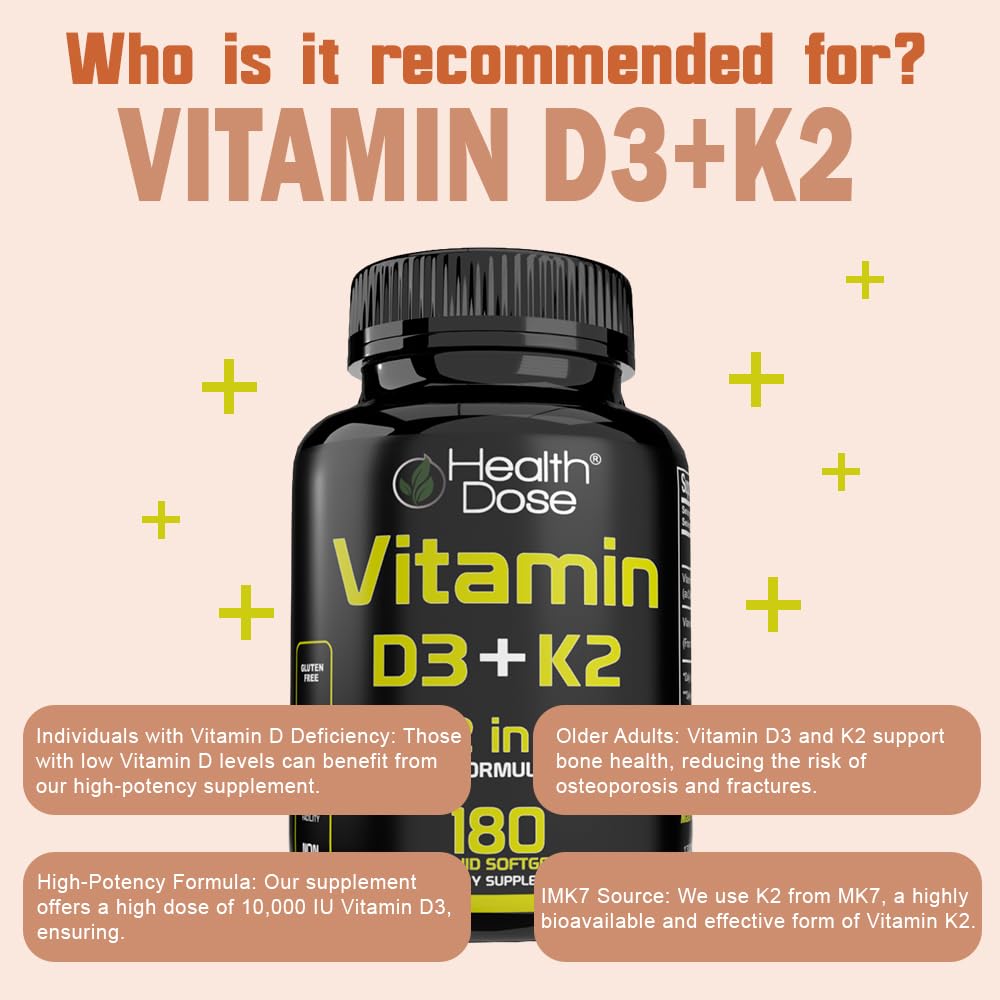 Health Dose Vitamin D3 + K2 Supplement softgel in hand