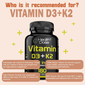 Health Dose Vitamin D3 + K2 Supplement softgel in hand