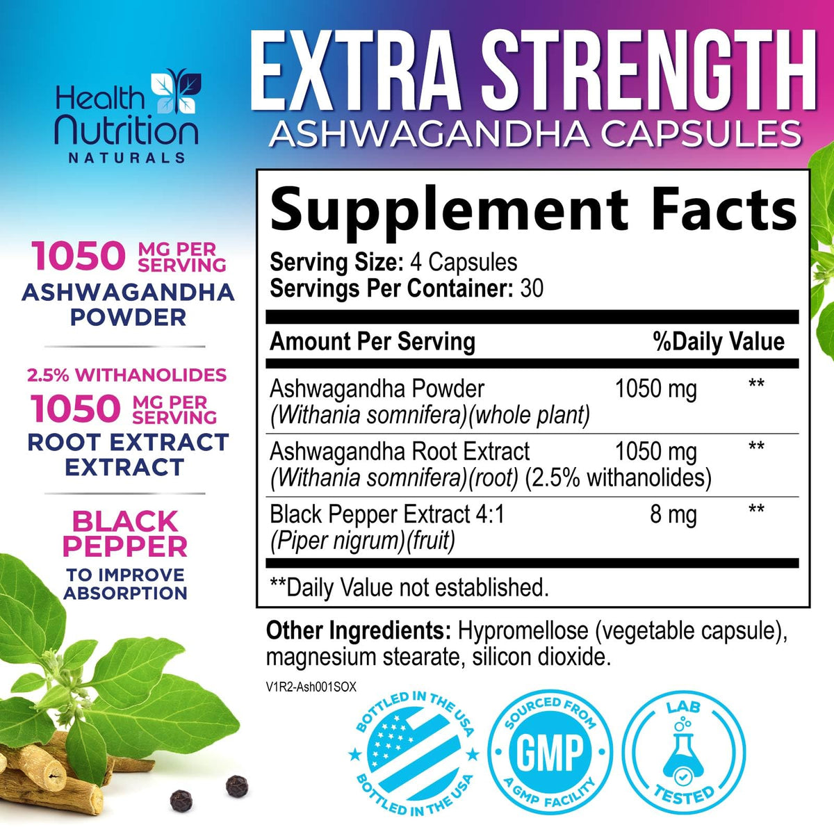 Health Nutrition Naturals Ashwagandha Supplements bottle side view