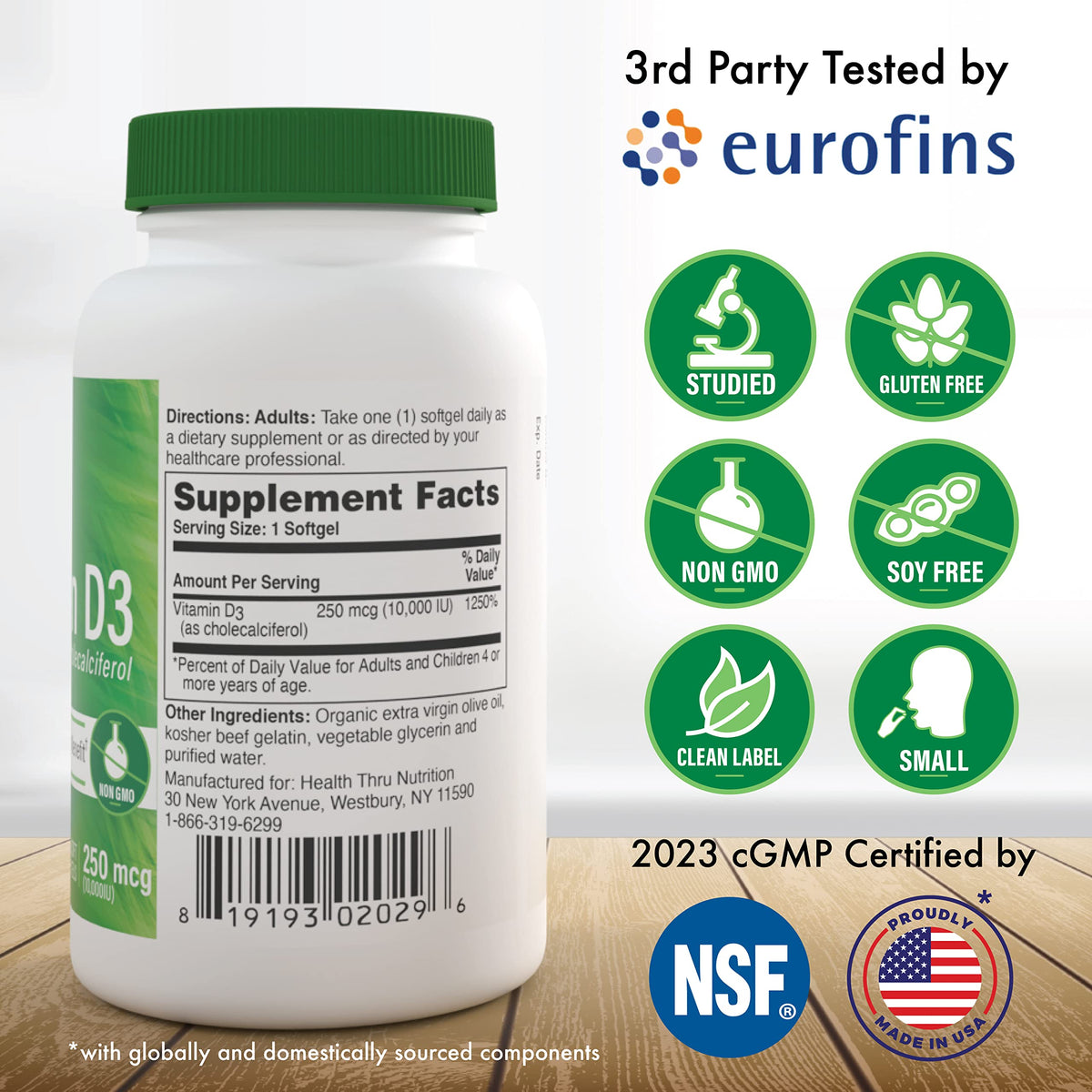 Health Thru Nutrition Vitamin D3 10,000iu mini softgels side view