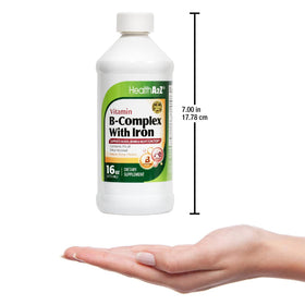 HealthA2Z Liquid Vitamin B-Complex Plus Iron pouring into a glass