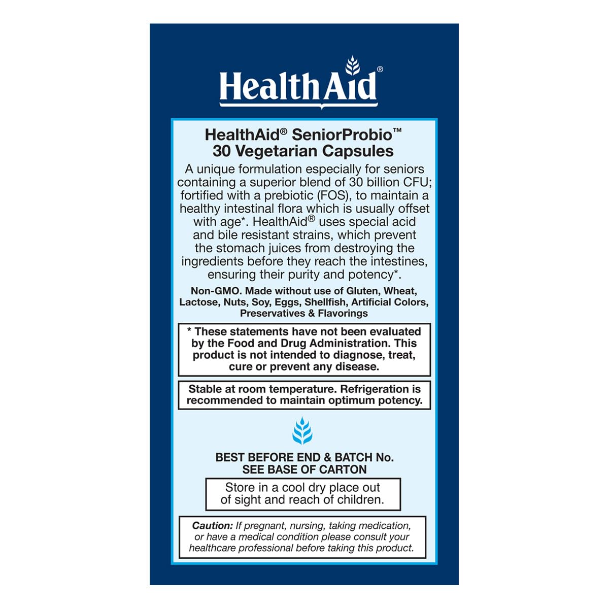 HealthAid SeniorProbio packaging with vegetarian capsules