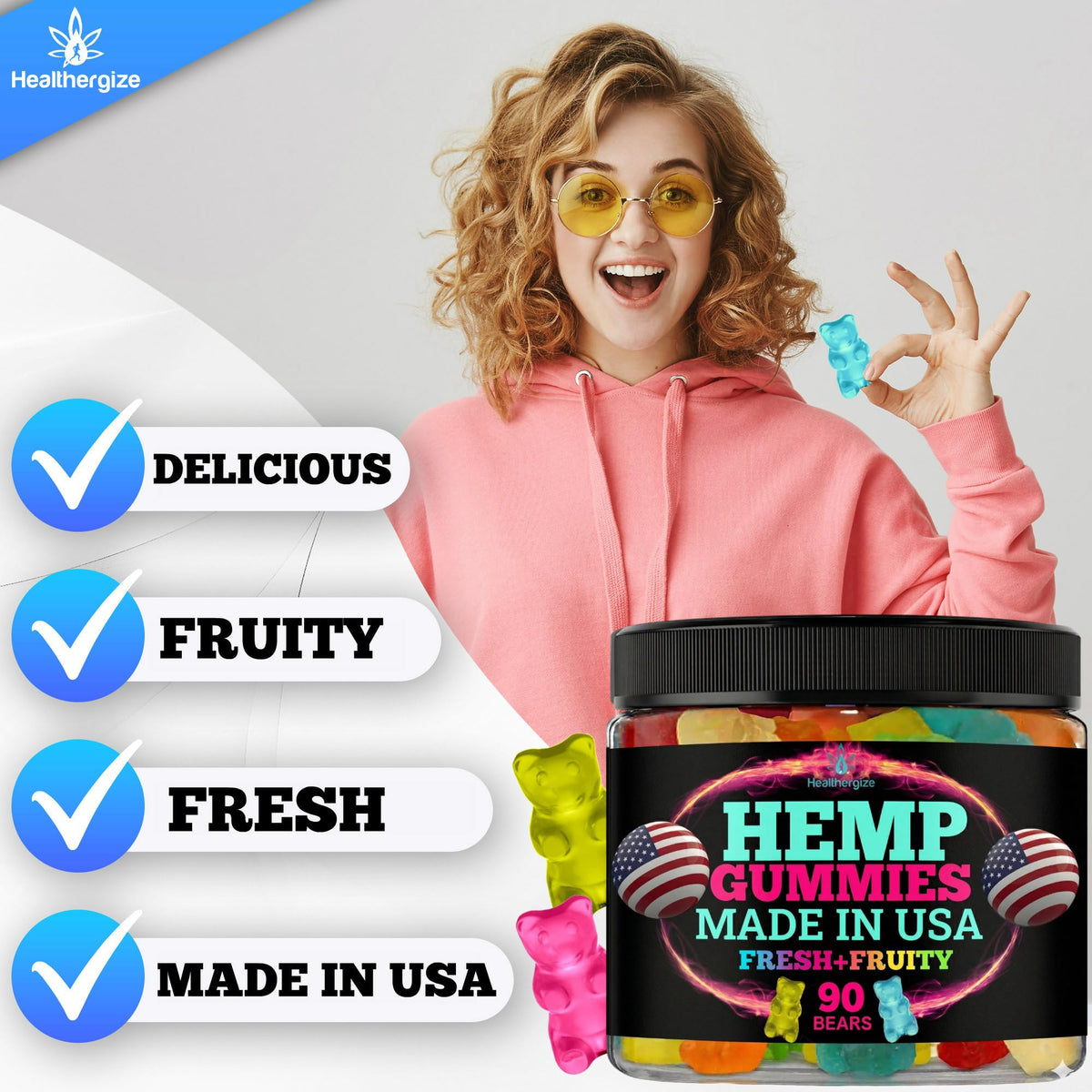 Healthergize Hemp Gummies in a bowl with fresh fruit